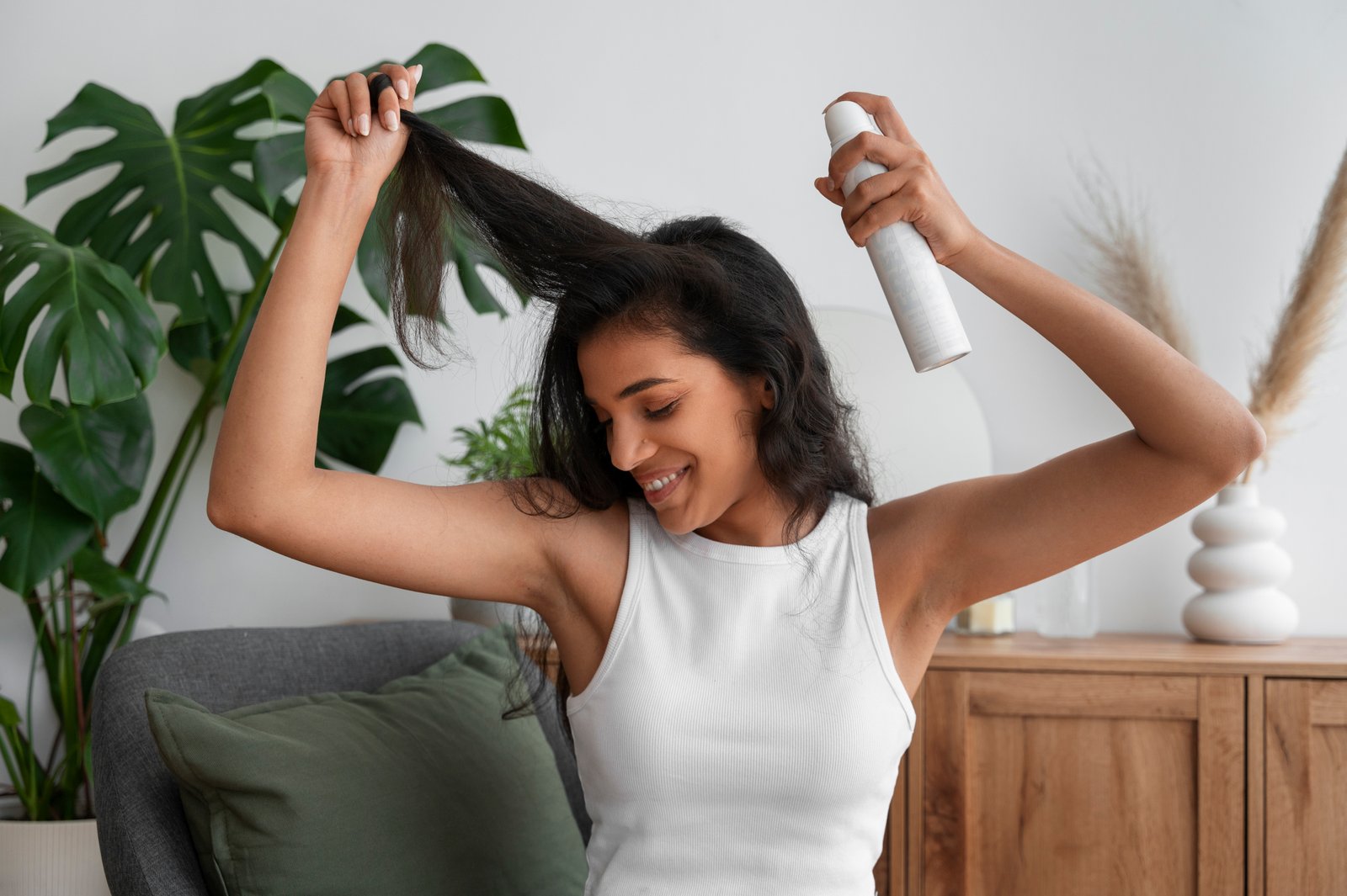 Woman applying scalp serum along the part